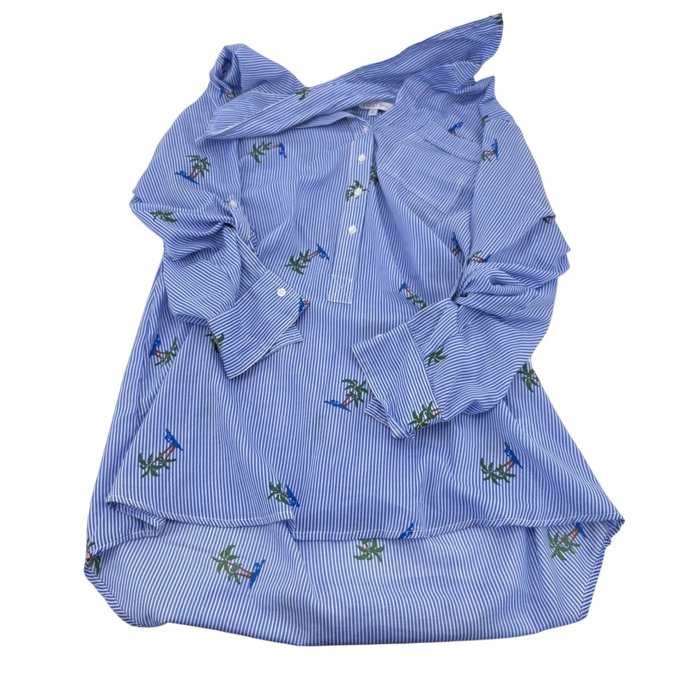 Violet Sky Striped Palm Tree Embroidered Button‎ Down Shirt Tunic Top M